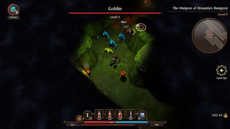 A gameplay scene from the video game FATE: Reawakened, featuring a character battling a Goblin in a dark dungeon with colorful creatures and a user interface displaying stats and levels.