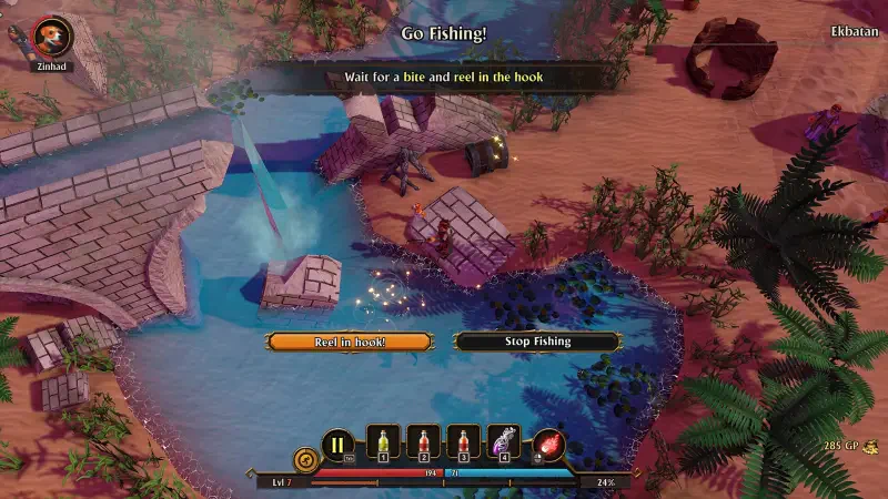 Gameplay scene from FATE: Reawakened, featuring a serene fishing spot by a river with lush vegetation, interactive UI elements, and visual hints for fishing mechanics.
