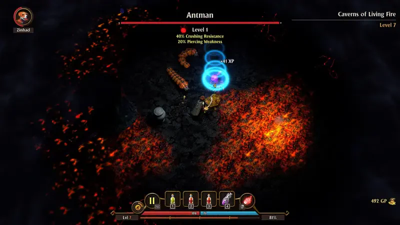 A character battles the Antman in a fiery dungeon in the video game FATE: Reawakened, showcasing intense gameplay with vibrant graphics and enemy stats displayed.