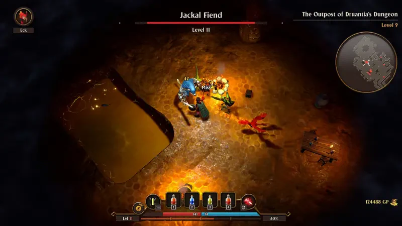 Gameplay scene from the video game FATE: Reawakened, featuring a battle against a Jackal Fiend in a dimly lit dungeon. Character statistics and inventory are displayed below.