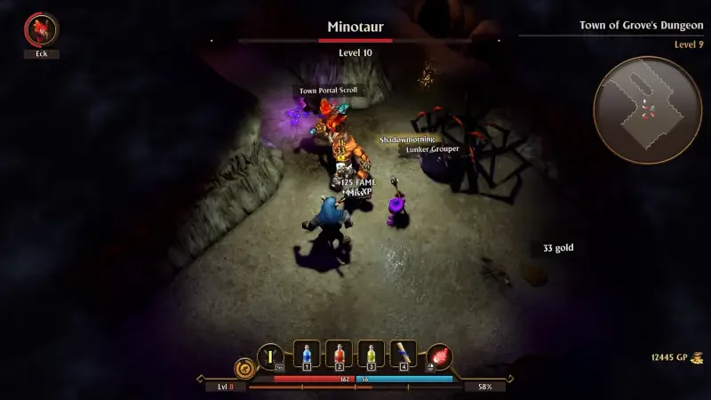 A scene from the video game FATE: Reawakened, featuring a group of characters battling a level 10 Minotaur in a dungeon, surrounded by glowing items and a map interface.