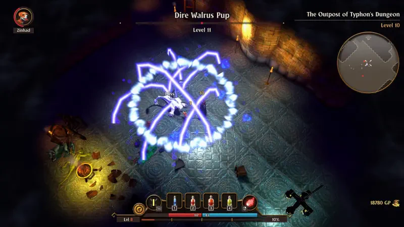 A scene from the video game FATE: Reawakened, featuring a character casting a spell that creates a vibrant swirl of electric energy over a creature named Dire Walrus Pup.