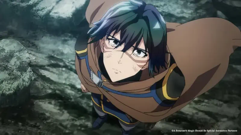 A character from the anime A Returner's Magic Should Be Special looks up thoughtfully, adorned in a cloak and glasses, set against a rocky backdrop.