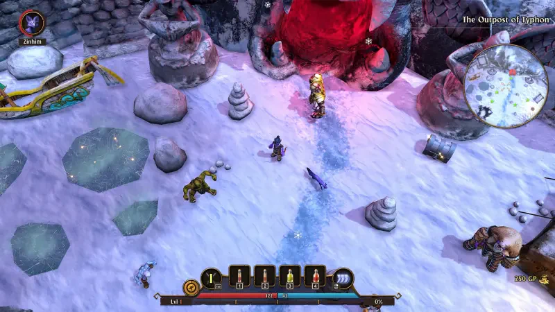 A snowy landscape from the video game FATE: Reawakened, featuring characters, creatures, and a glowing red object in the center, with various structures and items scattered around.