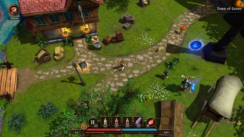 Gameplay scene from the video game FATE: Reawakened, featuring a vibrant town environment with characters exploring, interacting with items, and a magical portal.