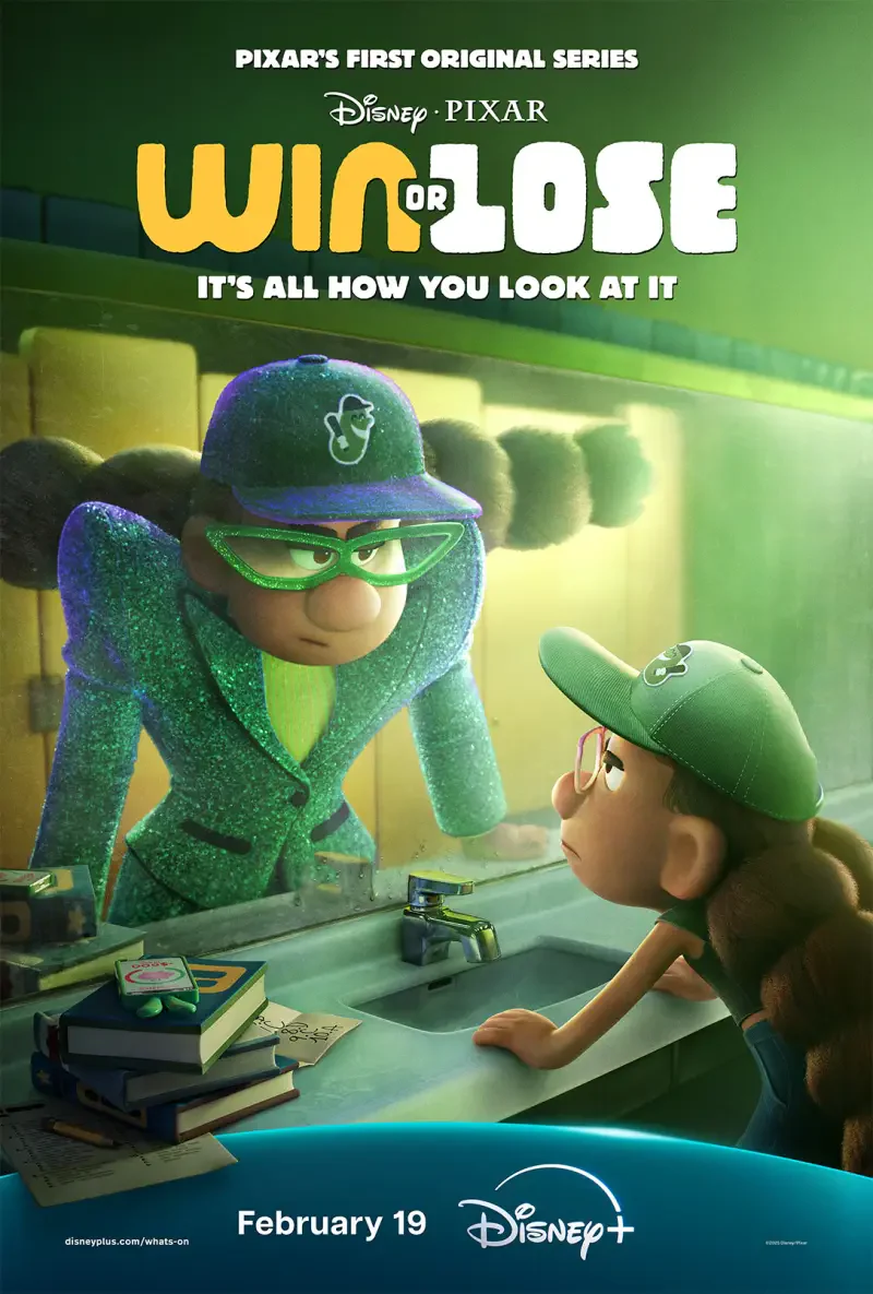 A vibrant poster for Pixar's first original series, Win or Lose, featuring two characters in a reflective moment, highlighting themes of perspective. Premiering February 19 on Disney+.