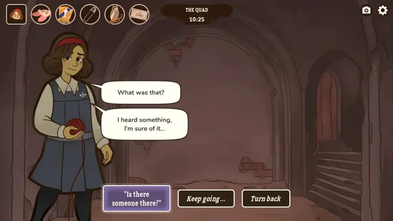 A character from the video game *Expelled! (2025)* stands in a dimly lit hallway, expressing concern and curiosity about a noise, with dialogue options below.