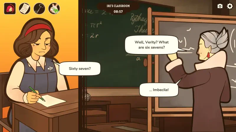 A scene from the video game *Expelled! (2025)*, featuring a student and a teacher in a classroom, discussing arithmetic with tension in the air. The classroom is vividly illustrated.