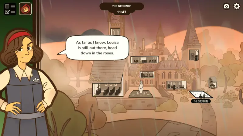 A character from the video game *Expelled! (2025)* stands in front of a mansion, delivering dialogue about another character named Louisa while rain falls in the background.