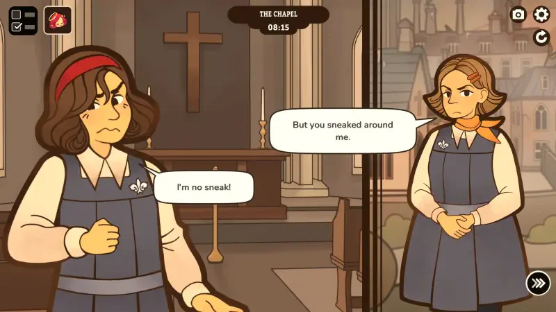 Two characters in an animated chapel scene from the video game Expelled! (2025) engage in a tense conversation, one looking defensive and the other assertive.