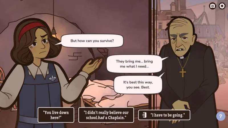 A scene from the video game Expelled! (2025) features a conversation between a girl and a priest, discussing survival and choices in a tense environment.