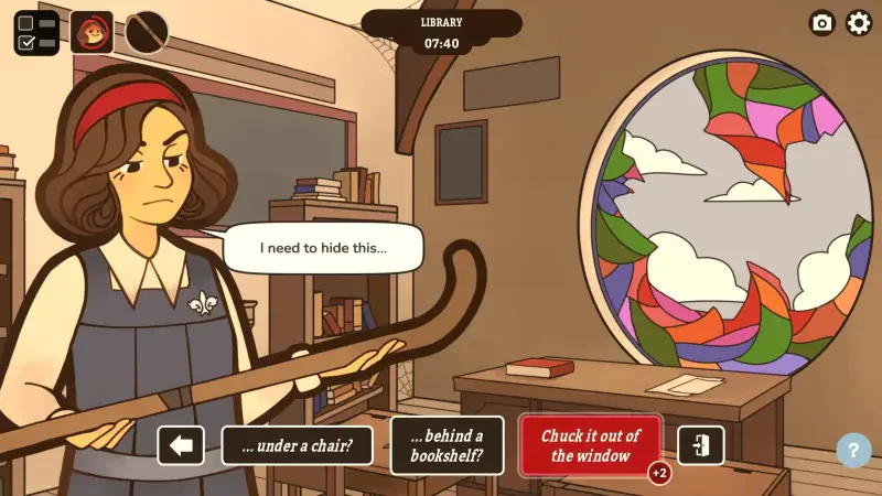 A character from the video game *Expelled!* (2025) contemplates hiding an object while standing in a classroom, with options displayed for her next move.