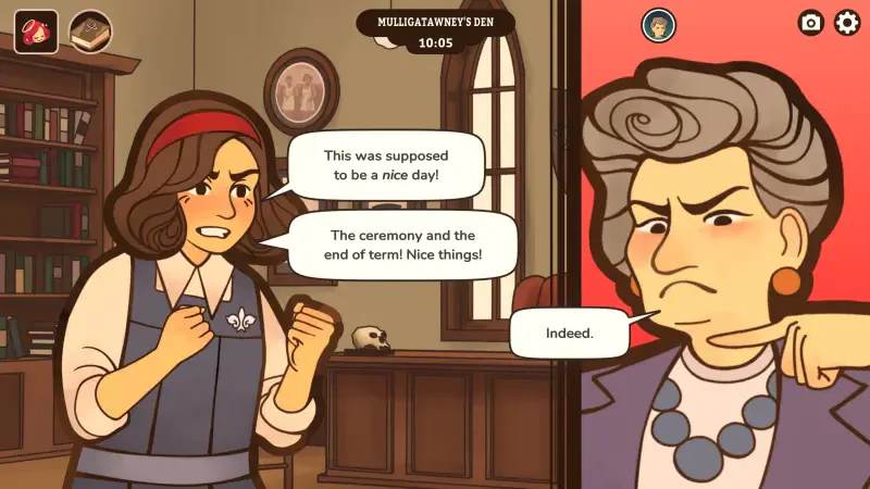 A scene from the video game Expelled! (2025) features a frustrated character expressing disappointment to a stern figure, highlighting conflict and emotional tension.