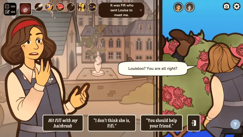 A scene from the video game Expelled! (2025) featuring a character expressing concern for another named Louise, set against a backdrop of a school and vibrant roses.