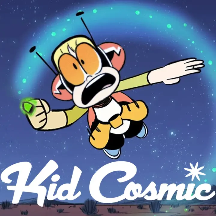 Kid Cosmic, a cartoon character with antennae and a glowing green ring, flies through a starry cosmic background with the Kid Cosmic logo below.