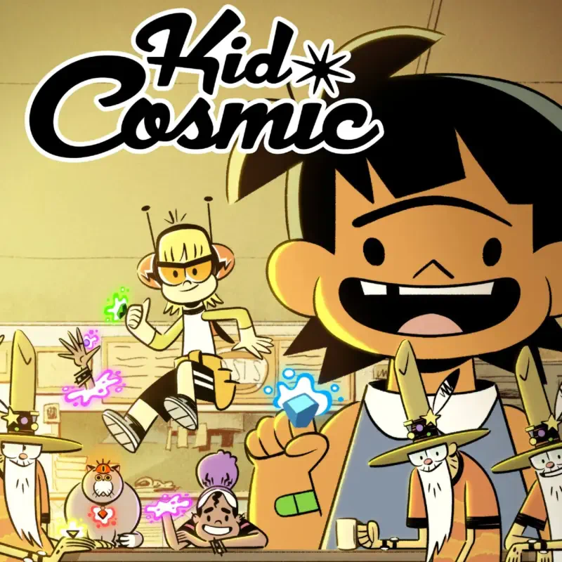 Characters from the animated series Kid Cosmic showcasing colorful cosmic stars and expressive poses in a vibrant cartoon style.