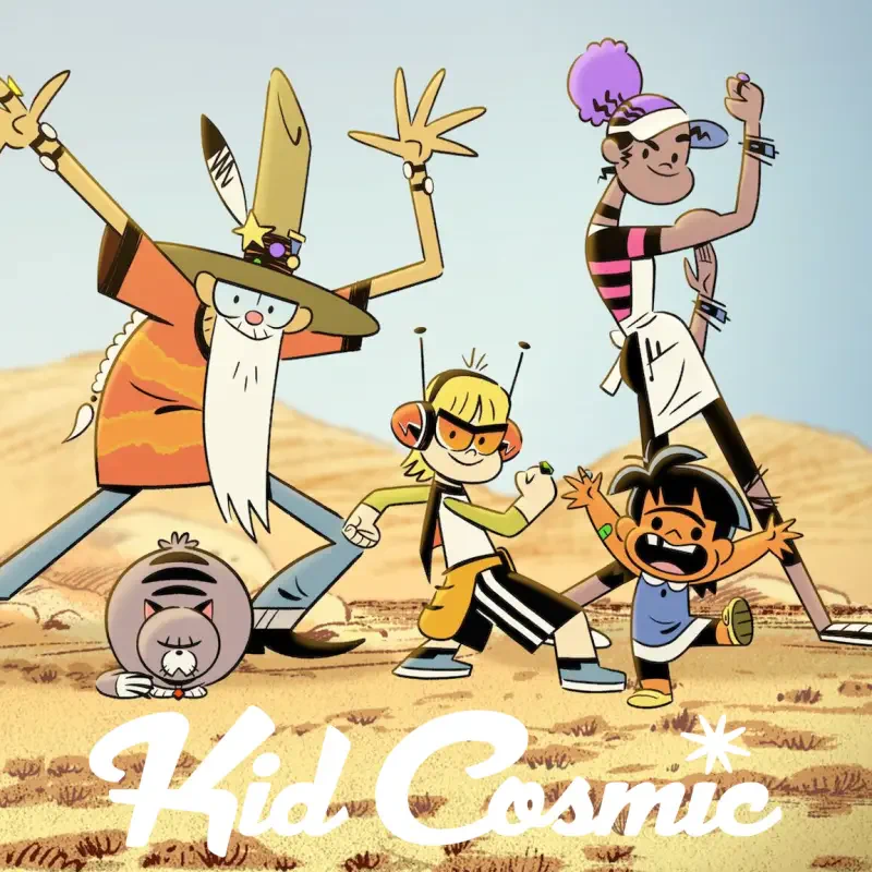 The main characters from Kid Cosmic, including Kid Cosmic, standing and posing confidently in a desert landscape with the show's logo at the bottom.