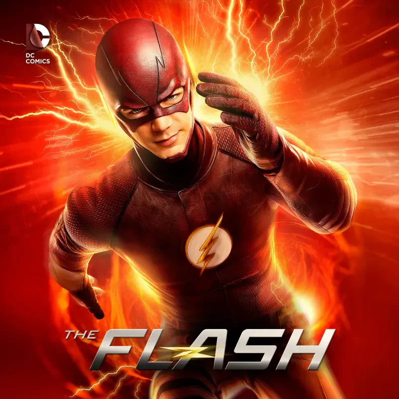 The Flash in his iconic red suit with lightning emblem, surrounded by a burst of electric energy, from the 2014 DC Comics series.
