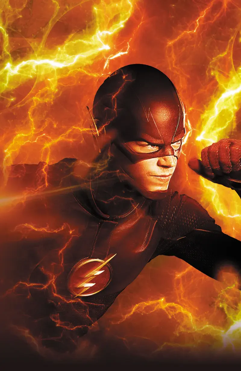 The Flash from the 2014 series is shown in his iconic red suit, surrounded by vibrant yellow lightning streaks, capturing his super-speed energy.