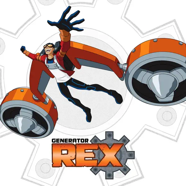 Generator Rex is shown mid-flight with large mechanical hover devices attached to his arms, set against a background of gears and the series logo below.