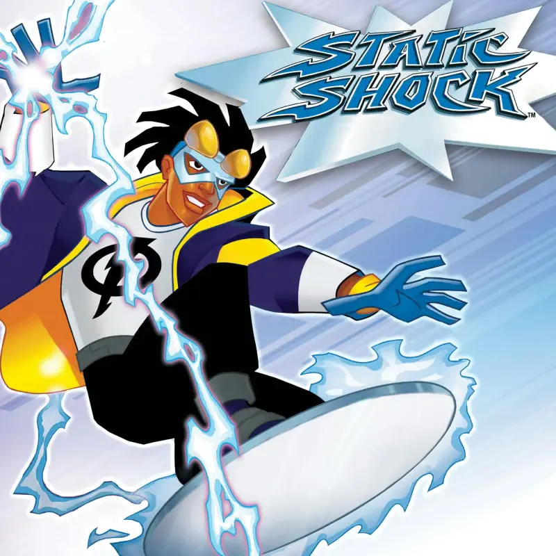 Static Shock depicted in action, generating and controlling electricity while riding a glowing hoverboard against a dynamic background.