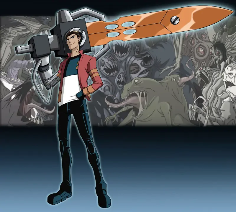 Generator Rex stands confidently holding a massive, futuristic sword, with dark, monstrous creatures looming in the background.