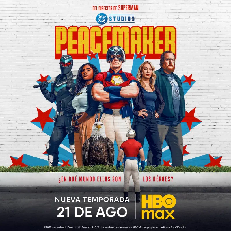 Promotional poster for the Peacemaker TV show on HBO Max, featuring John Cena and the main cast in superhero and action poses against a star-spangled background.