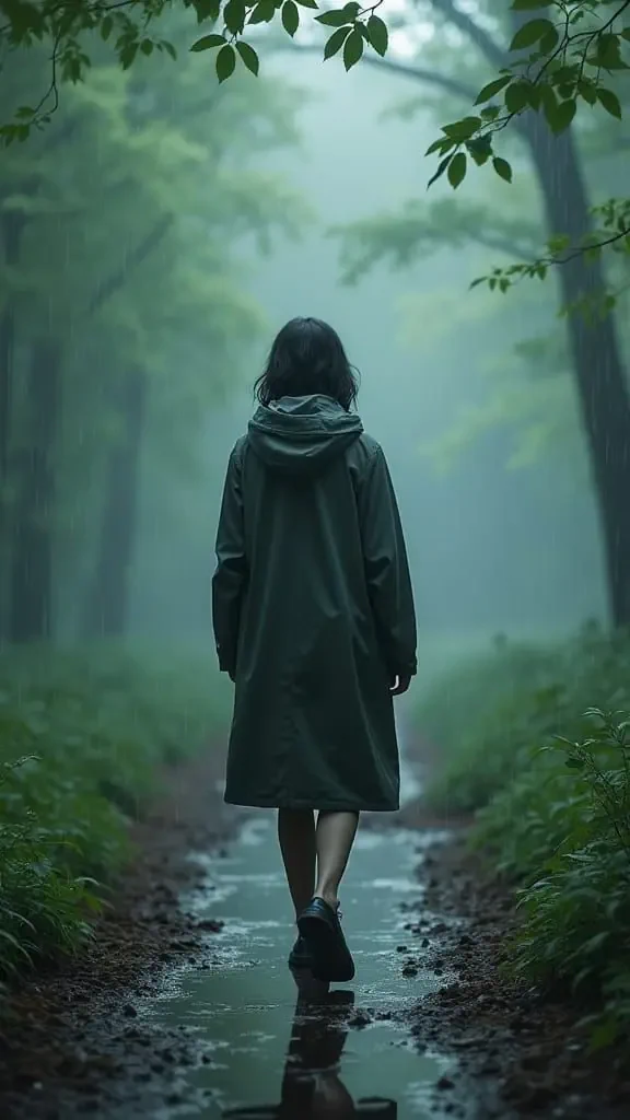 A person wearing a raincoat walks along a wet forest path surrounded by dense green trees under misty, rainy conditions.