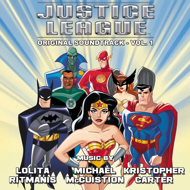 Cover art for Justice League Unlimited Original Soundtrack Vol. 1, featuring iconic superheroes like Batman, Wonder Woman, Superman, Flash, Green Lantern, Martian Manhunter, and Hawkgirl.