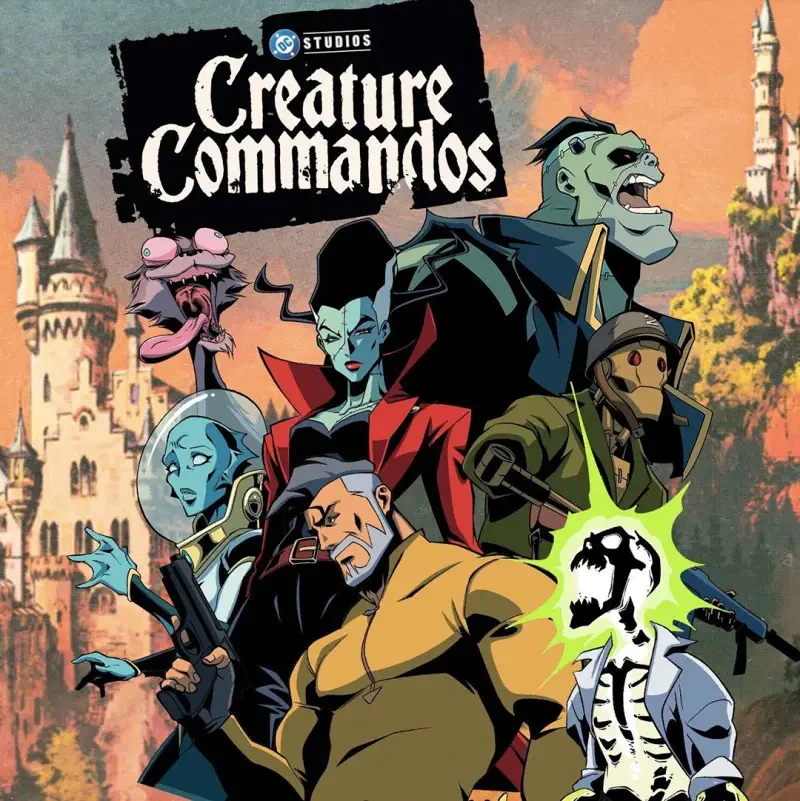 Cover art for Creature Commandos showing a diverse team of monstrous soldiers with a castle and sunset sky in the background.