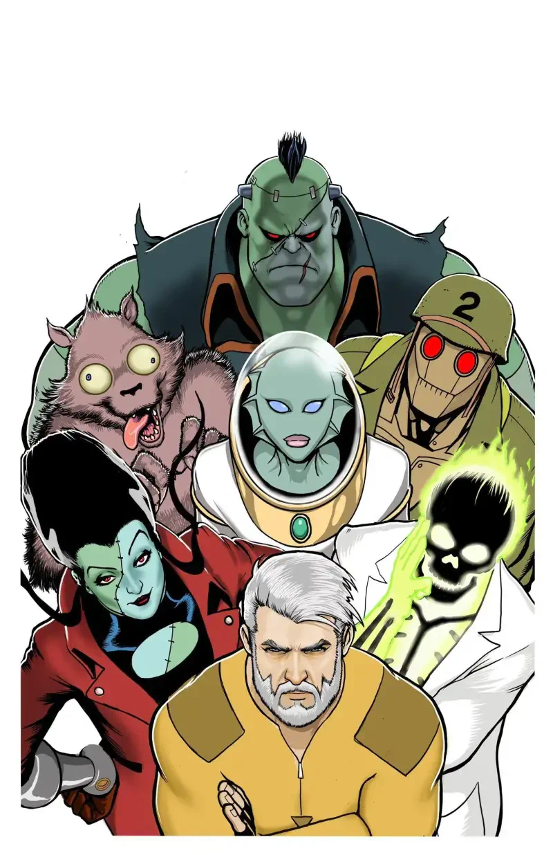 A lineup of Creature Commandos featuring diverse monstrous characters, including a werewolf, Frankenstein-like figure, robotic soldier, ghostly skull, vampire-like woman, and a grizzled man.