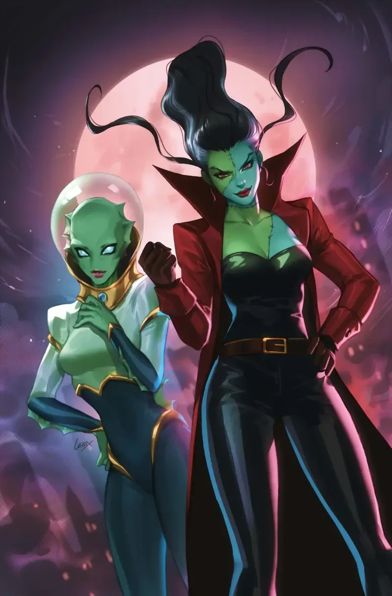 Two green-skinned female creature commandos stand confidently under a glowing full moon, one in a space helmet and the other in a red coat with flowing hair and tentacle-like extensions.