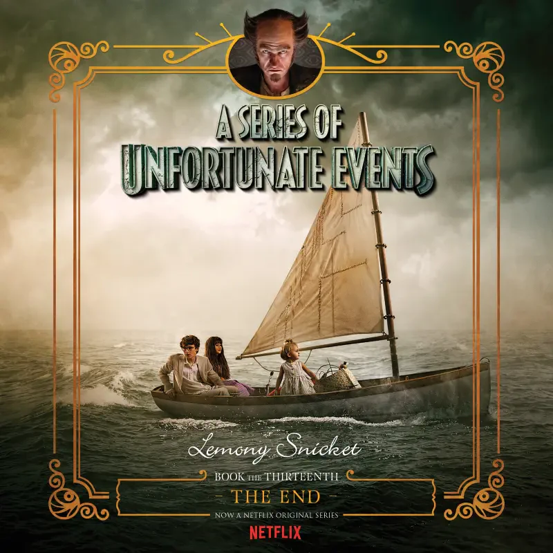 A Series of Unfortunate Events TV show poster: three children and a sinister man in a small sailboat on a gray, stormy sea, set inside an ornate decorative frame with the series title.