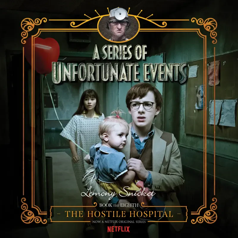 Promotional image for the TV show A Series of Unfortunate Events: the Baudelaire children Violet, Klaus holding baby Sunny stand in a dim hospital corridor beneath the title.