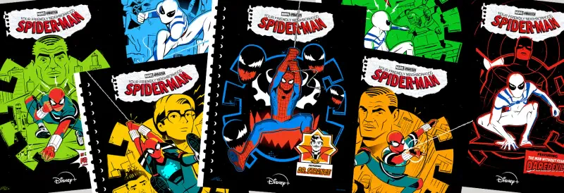 Vivid collage of retro comic covers showing Your Friendly Neighborhood Spider-Man in multiple costumes and action poses against bold, graphic backgrounds.