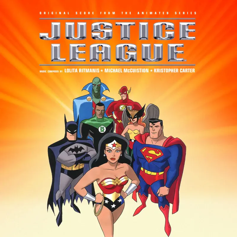 Justice League Unlimited poster featuring Wonder Woman front and center, with Superman, Batman, Flash, Green Lantern, and Martian Manhunter on an orange burst background.
