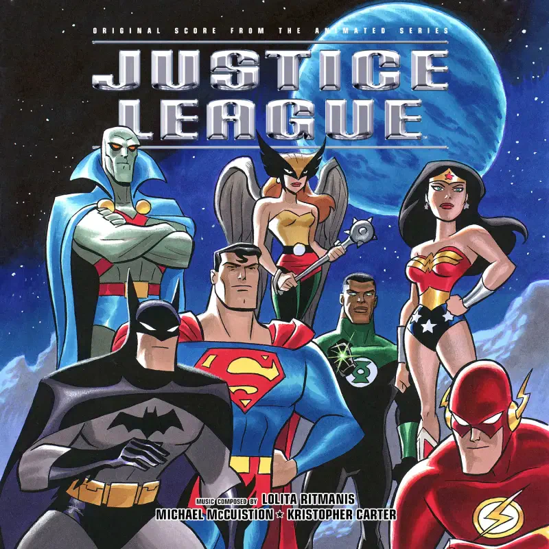Justice League Unlimited cover: animated lineup of Superman, Batman, Wonder Woman, Flash, Green Lantern, Martian Manhunter and Hawkgirl posing before a blue planet.