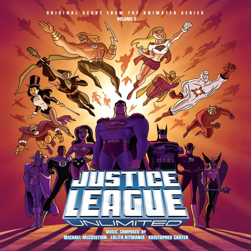 Justice League Unlimited poster showing the team - Superman, Batman, Wonder Woman and other heroes in dynamic poses against a fiery orange sky.