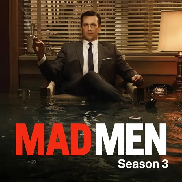 Mad Men Season 3 promo: man in a 1960s suit smokes while seated in a flooded retro office, water rising around his chair and a lamp.