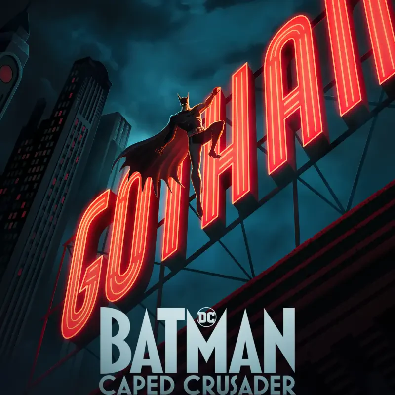 Batman perches atop a glowing red GOTHAM rooftop sign, cape billowing against a stormy skyline — artwork for Batman: Caped Crusader.