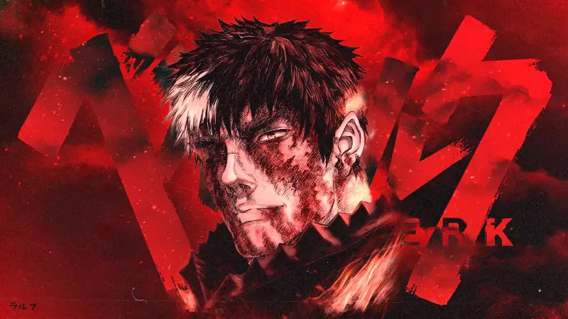 Guts from Berserk — bloodied, scarred warrior with a grim stare, dark armor and huge sword fragments against a jagged, blood-red background.