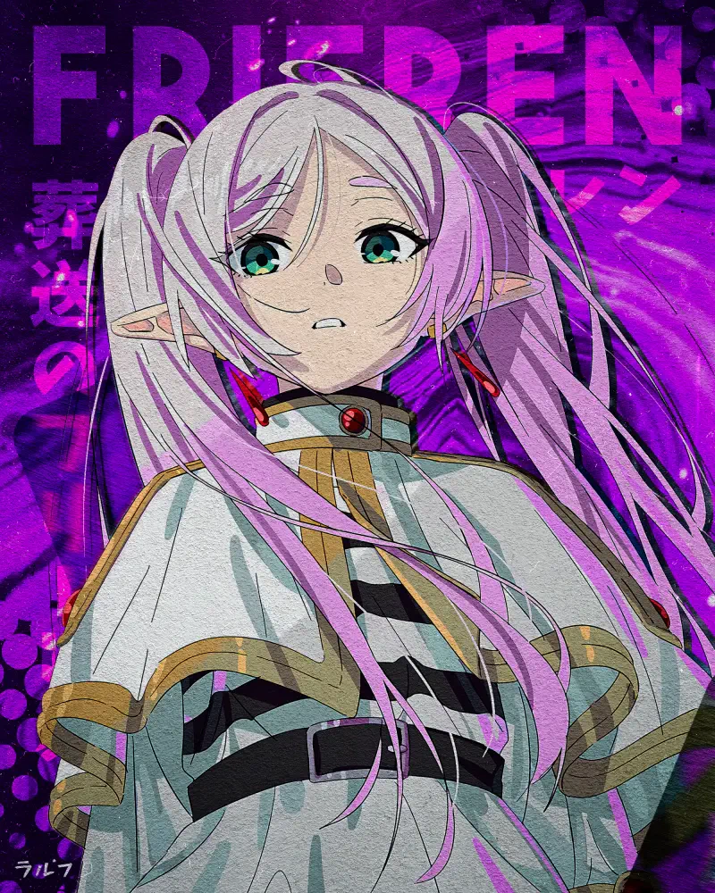 Frieren (Frieren: Beyond Journey's End), pale elf with long lilac twin‑tails and green eyes, wearing a white robe with gold trim and a red gem choker against a purple backdrop.