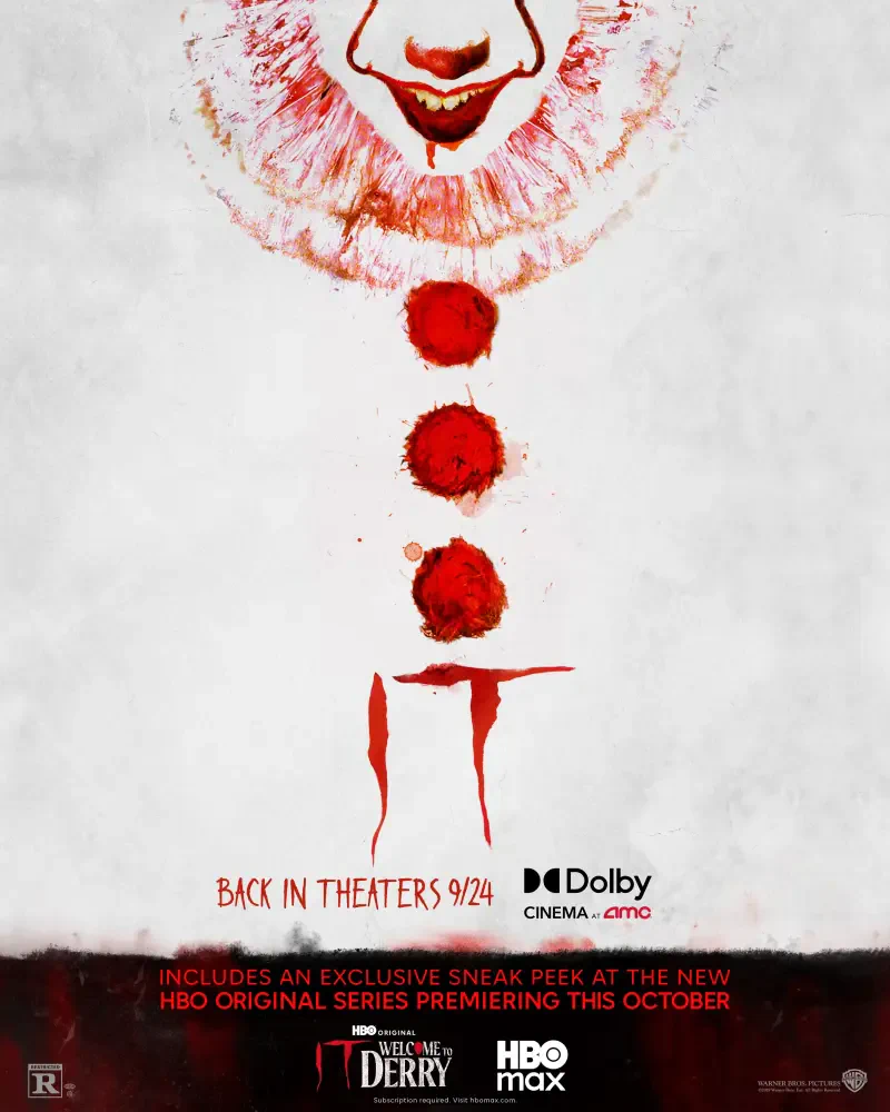 Poster for It (2017): menacing Pennywise grin and ruffled collar above three dripping red buttons aligned vertically, blood-like streaks forming the title IT.