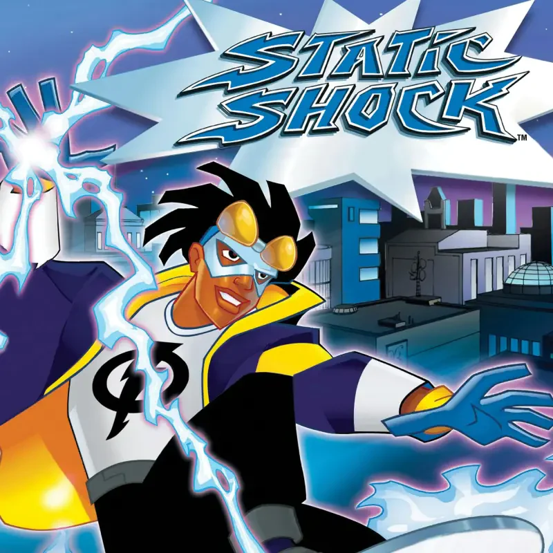 Static Shock superhero in yellow-and-black suit with goggles unleashing blue electricity over a nighttime city skyline, the Static Shock logo displayed above.