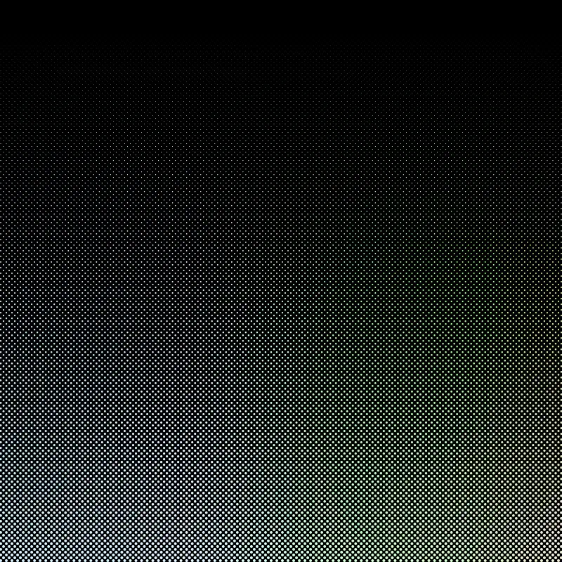 Retro neon halftone poster background: dark upper field fading to muted green with dense circular dot pattern and faint teal/purple highlights.