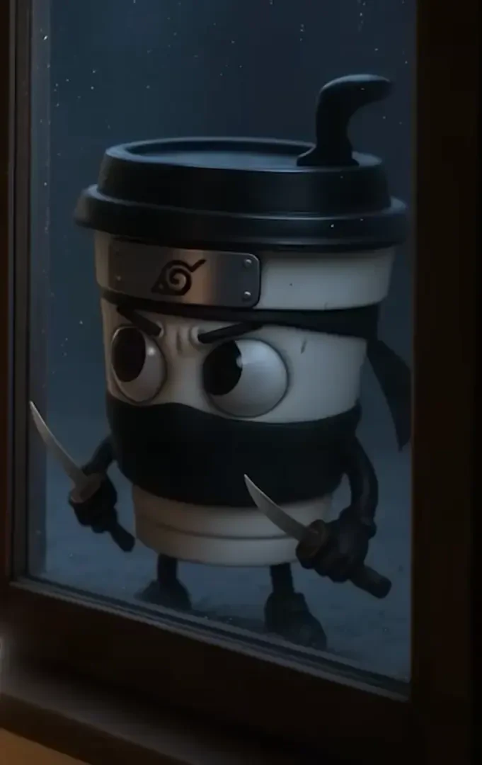 Cappuccino Assassino: a ninja coffee cup with headband and twin knives peers through a window in an Italian Brainrot–style illustration.