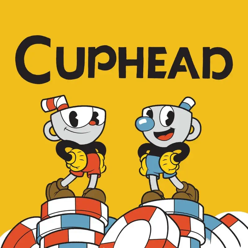 Cuphead video game artwork: Cuphead and Mugman stand on stacked red-white-blue life rings beneath a bold CUPHEAD logo on a bright yellow background.
