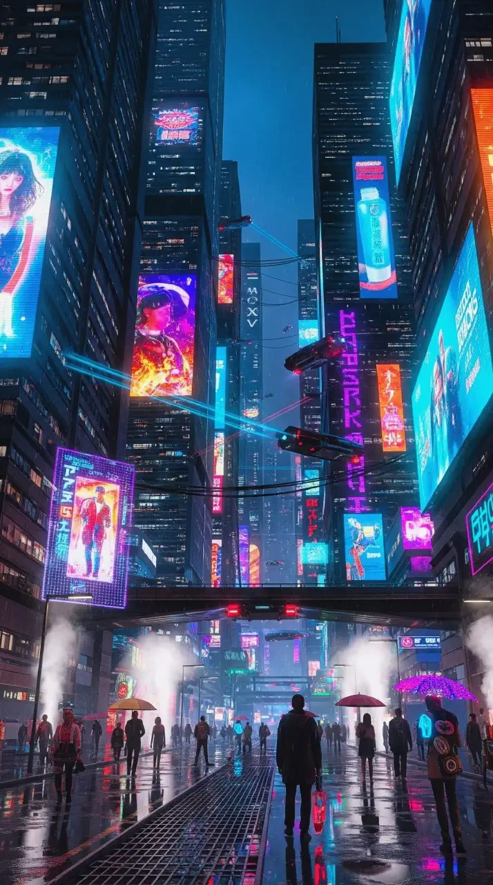 Rain-slick cyberpunk city street at night, towering neon skyscrapers and giant holographic billboards, silhouetted pedestrians with umbrellas and hovering vehicles.