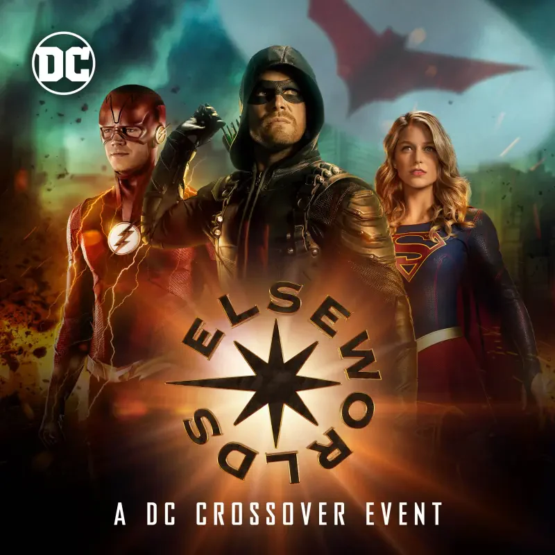 Elseworlds TV show crossover poster: The Flash, Green Arrow and Supergirl stand united beneath a compass-star logo and the DC emblem.