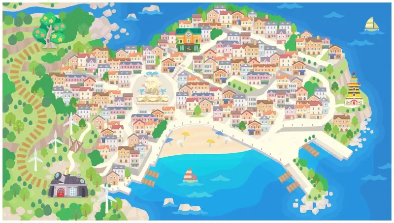 A bright seaside town map in Pokemon Friends/Pokemon style, with a sandy bay, colorful hillside houses, docks, sailboats and surrounding green hills.